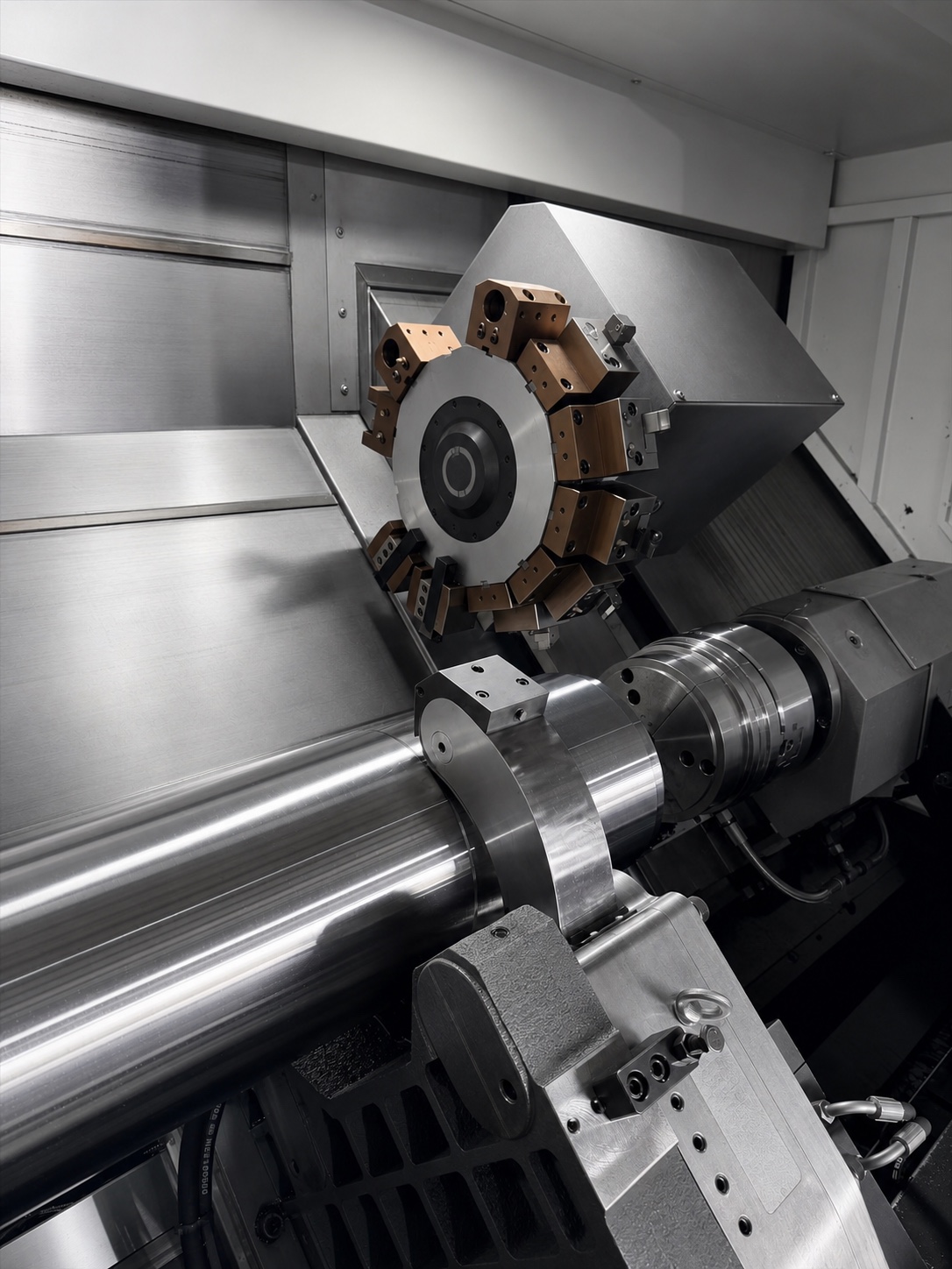A delivery cylinder secured for machining inside Tianhou CNC equipment