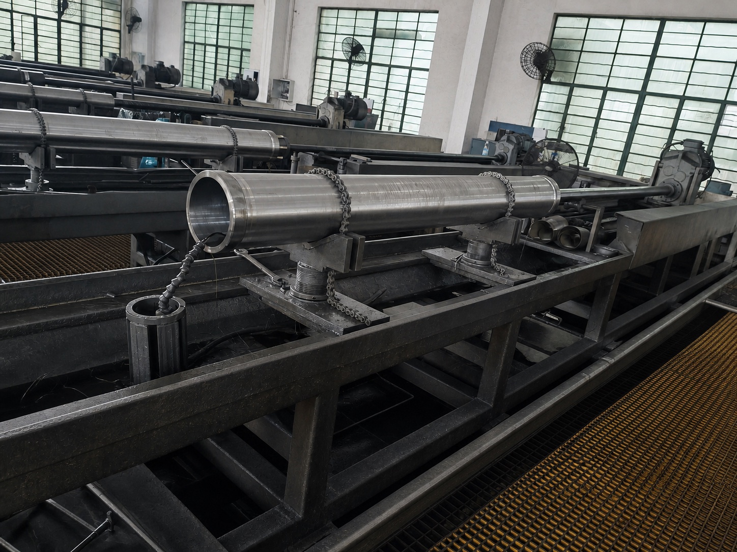 A concrete pump delivery cylinder secured on Tianhou internal honing equipment