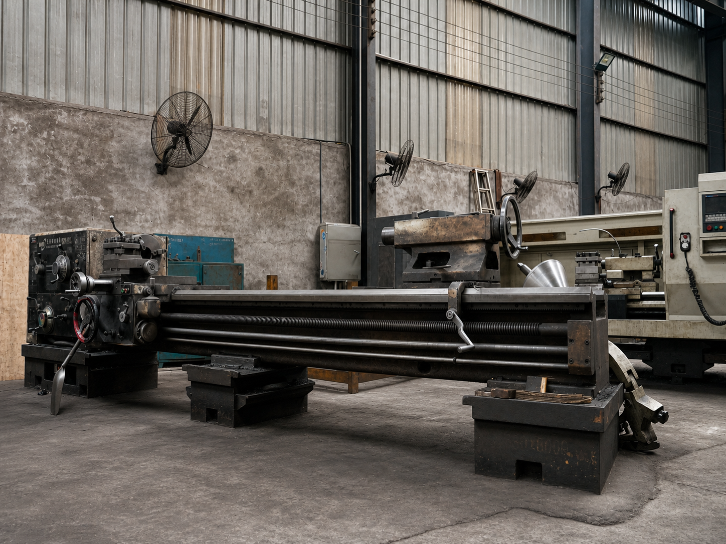 A long-bed lathe in the Tianhou workshop